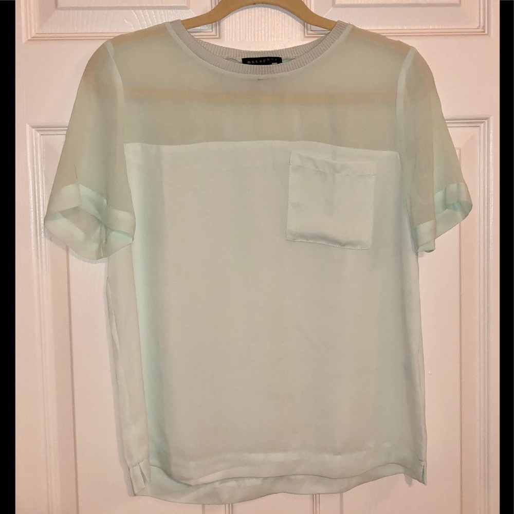 Sheer Mint Green Short-Sleeve Single Pocket Top